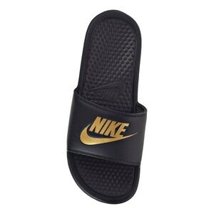 Nike Benassi JDI Men’s Clean Slide Sandals in a Black and Metallic Gold Size 11